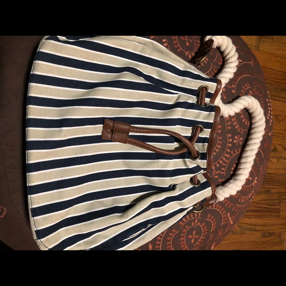 Eddie Bauer Navy, White & Tan Striped Rope-Handle Hobo Bag